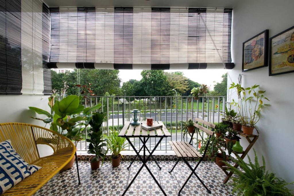 Eclectic, HDB, Balcony, Upper Serangoon Crescent (Block 475C), Interior Designer, Hue Concept Interior Design, Window Rolls, Window Blinds, Wall Portrait, Wooden Benches, Wooden Table, Patterned Flooring, Yellow Bench, Flora, Jar, Plant, Potted Plant, Pottery, Vase, Backyard, Outdoors, Yard, Chair, Furniture