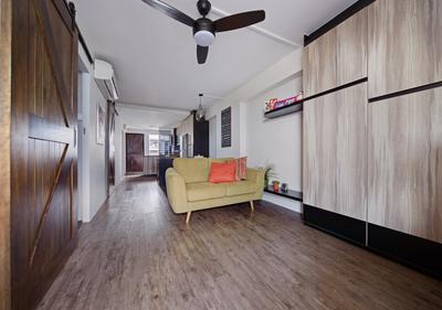 Haig Road, Free Space Intent, Modern, Eclectic, Living Room, HDB, Contemporary Living Room, Wooden Floor, Mini Ceiling Fan, Wooden Wall, Wall Mounted Shelves, Yellow Loveseat, Light Fixture