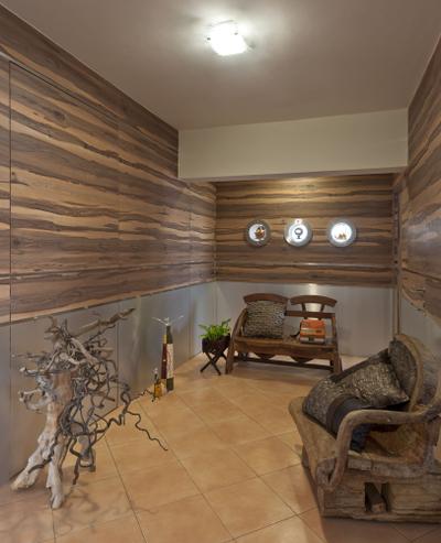 New Upper Changi Road, D5 Studio Image, Traditional, Living Room, HDB, Wooden Chair, Tree, Laminated Walls, Orange Tiles, Recessed Lights, Wood Theme, Brown Floor, Brown Wall, Planted Tree, Wood Bench, Antler, Chair, Furniture, Indoors, Interior Design