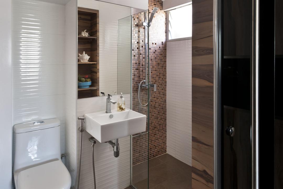 New Upper Changi Road, D5 Studio Image, Traditional, Bathroom, HDB, White Bathroom, Woody Bathroom, Rainshower, White Basin, Sink, Indoors, Interior Design, Room, Toilet