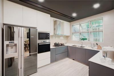 Ang Mo Kio, Black N White Haus, , , Kitchen, , Contemporary Kitchen, Recessed Lights, Wooden Floor, Grey Kitchen Cabinet, Grey Kitchen Cupboard, White Laminate, Built In Oven, Appliance, Electrical Device, Oven, Microwave, Bathroom, Indoors, Interior Design, Room