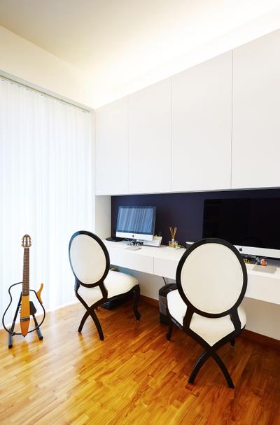 Bishan, Black N White Haus, Vintage, Modern, Study, Condo, Modern Contemporary Study Room, Wooden Floor, Wall Mounted White Desk, White Study Chair, Chair, Furniture, Guitar, Leisure Activities, Music, Musical Instrument