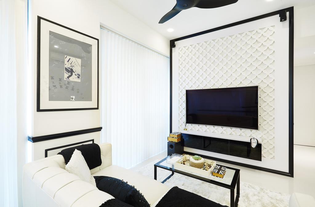 Vintage, Condo, Living Room, Bishan, Interior Designer, Black N White Haus, Modern, Mini Ceiling Fan, Wall Mounted Television, Floating Television Console, Monochrome, Recessed Lights, Fireplace, Hearth, Bedroom, Indoors, Interior Design, Room