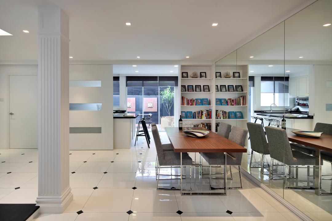 Braddell Road, Black N White Haus, Modern, Vintage, Contemporary, Dining Room, Landed, Wood Dining Table, Dining Chair, Recessed Lights, Glass Mirror Panel, White Shelves, Chair, Furniture
