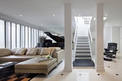Braddell Road, Black N White Haus, , , , Living Room, , Contemporary Living Room, Sectional Sofa, Recessed Lights, Living Room Rug, Staircase, Stairs, Stairway, Spacious, Couch, Furniture, Indoors, Interior Design, Banister, Handrail