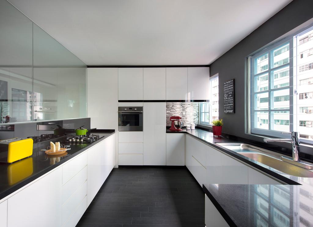 Modern, Condo, Kitchen, Arthur Road, Interior Designer, D5 Studio Image, Black Countertop, Grey, Yellow Toaster, Built In Oven, Tinted Cabinet, Laminated Cabinets, Appliance, Electrical Device, Oven, Indoors, Interior Design, Room