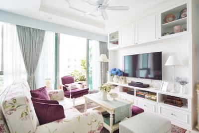 Pasir Ris, Black N White Haus, , Living Room, , Contemporary Living Room, Mini Ceiling Fan, Wall Mounted Television, White Television Console, Built In Shelf, White Cabinet, Armseat, Sling Curtain, Rug, Couch, Furniture, Shelf, Indoors, Room