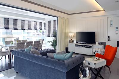 Upper Bukit Timah Road, Black N White Haus, Modern, Vintage, Living Room, Condo, Contemporary Living Room, Hidden Interior Lights, Wall Mounted Television, Orange Lounge Chair, Loveseat, White Marble Floor, White Television Console, Chair, Furniture, Couch, Indoors, Room, Sink