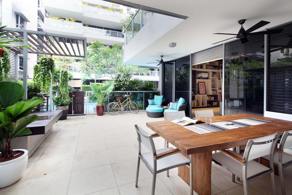 Contemporary, Condo, Garden, Upper East Coast Road, Interior Designer, Black N White Haus, Scandinavian, Wood Dining Table, White Dining Chair, Mini Ceiling Fan, Ceramic Tiles, Dining Table, Furniture, Table, Flora, Jar, Plant, Potted Plant, Pottery, Vase, Food, Food Court, Restaurant