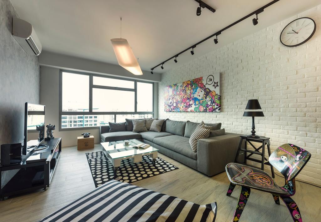 Industrial, HDB, Living Room, Sengkang West Way, Interior Designer, D5 Studio Image, Black And White, Monochromatic, Graffiti Chair, Carpet, Rugs, Grey Wall, Red Brick Wall, Couch, Furniture, Chair