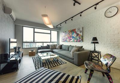 Sengkang West Way, D5 Studio Image, Industrial, Living Room, HDB, Black And White, Monochromatic, Graffiti Chair, Carpet, Rugs, Grey Wall, Red Brick Wall, Couch, Furniture, Chair