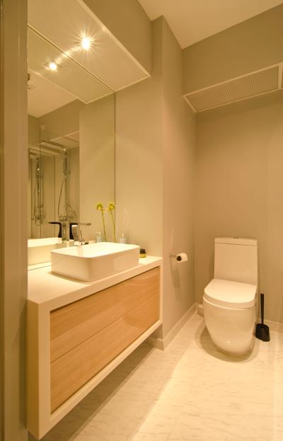27 Ghim Moh Link, Fifth Avenue Interior, Contemporary, Bathroom, HDB, White Basin, Brown Drawers, Mirrors, White Marble Floor, Toilet Bowl, Mirror Lighting, Toilet, Indoors, Interior Design, Room
