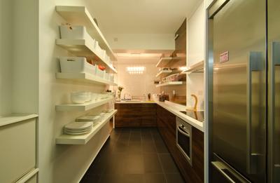 27 Ghim Moh Link, Fifth Avenue Interior, Contemporary, Kitchen, HDB, Wall Mounted Shelves, White Shelves, Black Flooring, Brown Cabinet, Refrigerator