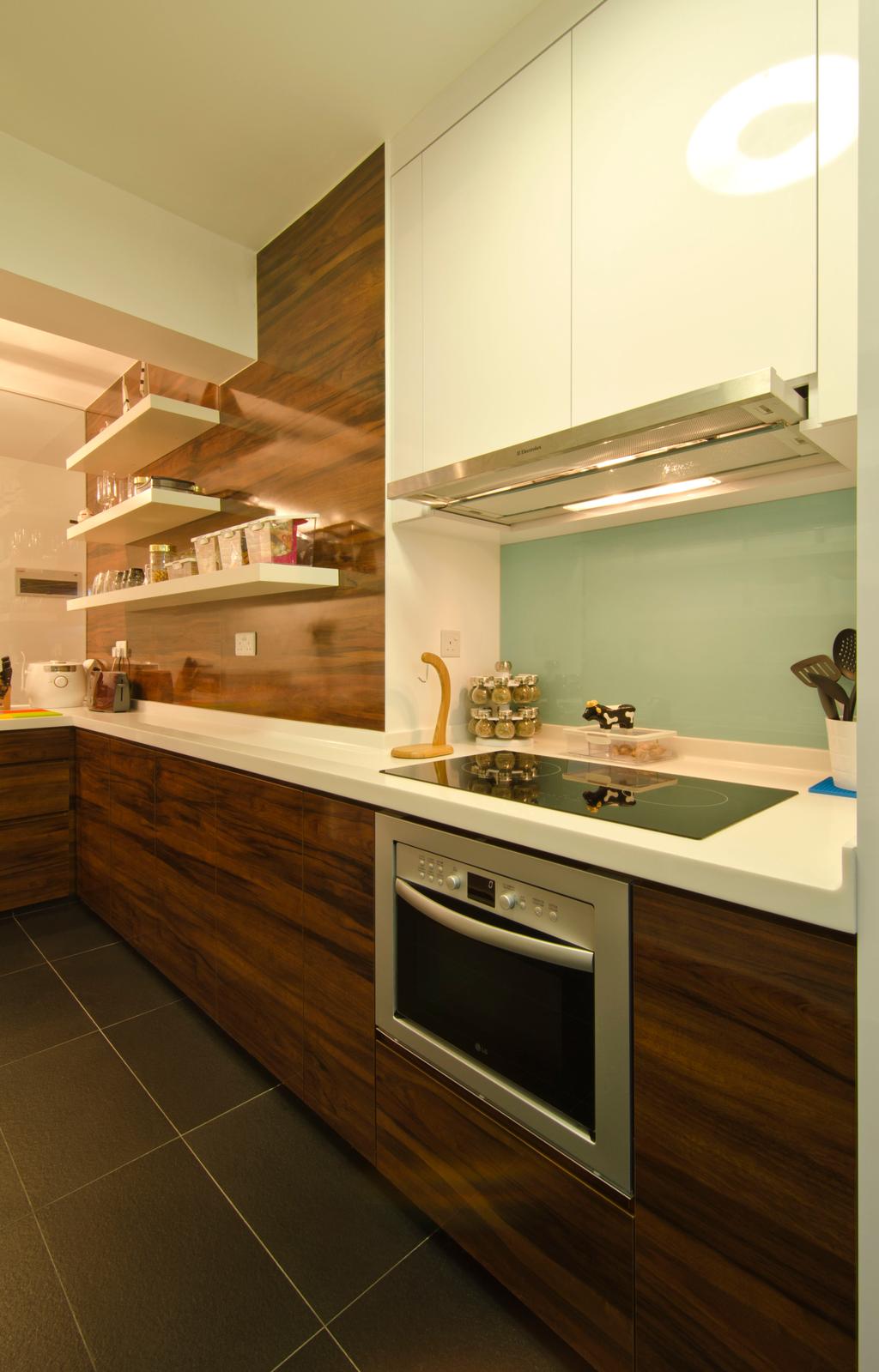 Contemporary, HDB, Kitchen, 27 Ghim Moh Link, Interior Designer, Fifth Avenue Interior, Induction Cooker, Exhaust Hood, Wood Theme, Brown Cabinet, Wall Mounted Shelves, Wall Mounted Mirror, Shelves, White Cabinet, Laminates, Building, Housing, Indoors, Loft, Interior Design