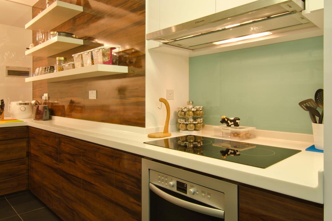 27 Ghim Moh Link, Fifth Avenue Interior, Contemporary, Kitchen, HDB, Induction Cooker, Exhaust Hood, Wood Theme, Brown Cabinet, Wall Mounted Shelves, Wall Mounted Mirror, Shelves, White Cabinet, Laminates, Building, Housing, Indoors, Loft, Interior Design