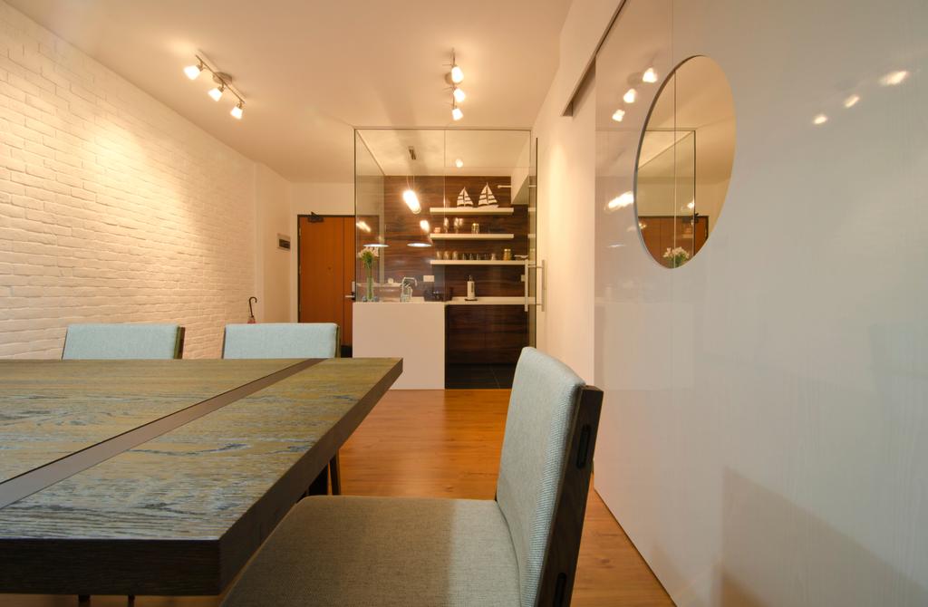 Contemporary, HDB, Dining Room, 27 Ghim Moh Link, Interior Designer, Fifth Avenue Interior, Track Lighting, Laminate Flooring, Cushioned Chair, Red Brick Wall, White, White Brick, Dining Table, Furniture, Table, Indoors, Interior Design, Room