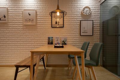 Bedok North Avenue 1, Starry Homestead, Eclectic, Dining Room, HDB, Wood Dining Table, Wooden Dining Bench, Dining Chair, White Brick, Hanging Lights, Chair, Furniture, Light Fixture, Indoors, Interior Design, Room, Table, Dining Table, Clock, Brick