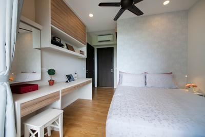Thomson Grand, Starry Homestead, Modern, Bedroom, Condo, Contemporary Bedroom, King Size Bed, Cozy, Cosy, Wooden Floor, Wall Mounted Shelves, Recessed Lights, Mini Ceiling Fan, White Chair, White Desk, Door, Sliding Door, Flooring, Shelf