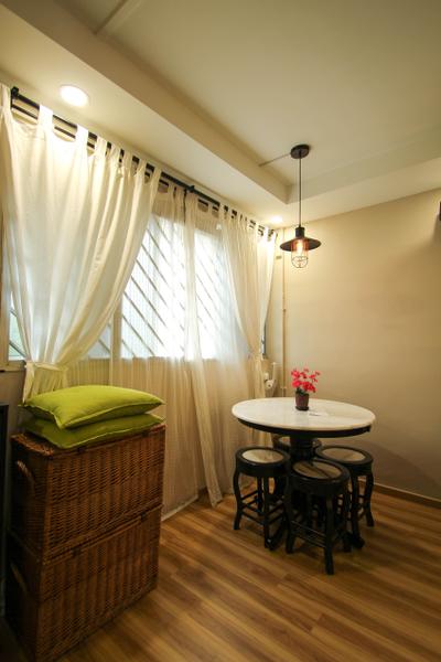 Ang Mo Kio, Fifth Avenue Interior, Retro, Living Room, HDB, Pendant Light, Hanging Light, Laminate Flooring, Green Cushions, Woven Cabinet, White Curtains, Double Layered Curtains, Round Table And Chairs, Chair, Furniture, Dining Table, Table