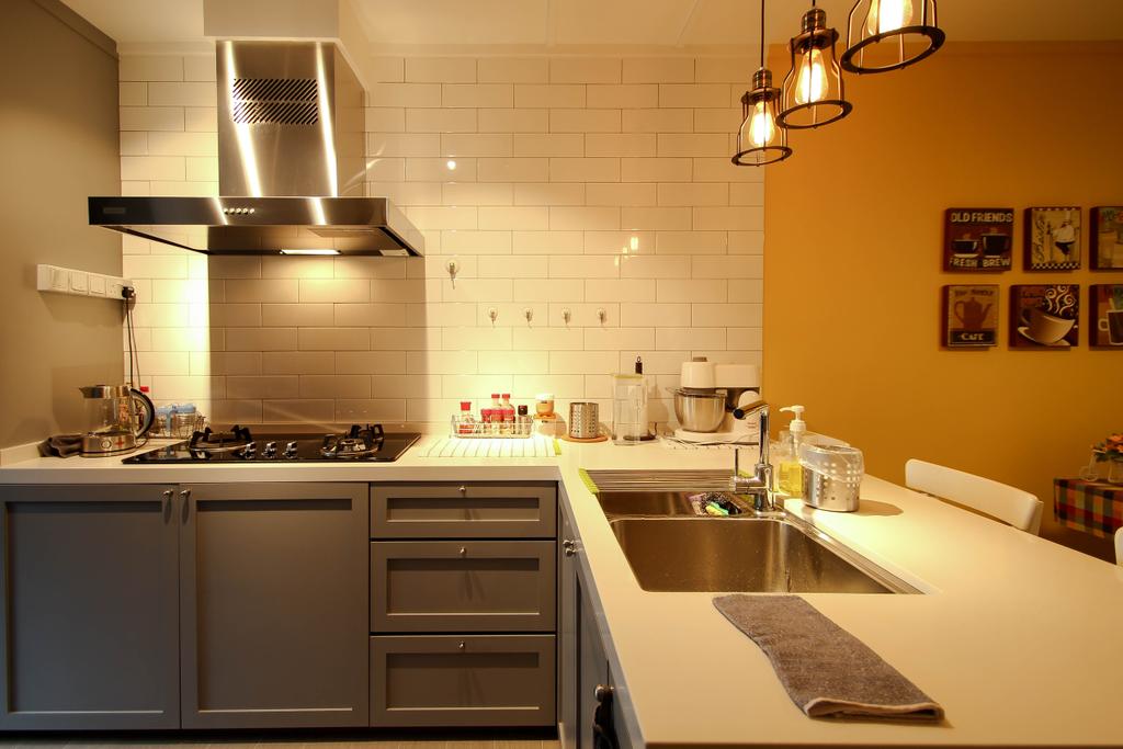 Retro, HDB, Kitchen, Ang Mo Kio, Interior Designer, Fifth Avenue Interior, Wall Art, Hanging Lights, Cooking Hood, Orange Wall, Brick Wall Design, Grey Cabinets, Pendant Lights, White Kitchen Top, Indoors, Interior Design, Room, Sink, Appliance, Electrical Device, Oven, Dining Room