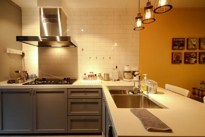 Ang Mo Kio, Fifth Avenue Interior, Retro, Kitchen, HDB, Wall Art, Hanging Lights, Cooking Hood, Orange Wall, Brick Wall Design, Grey Cabinets, Pendant Lights, White Kitchen Top, Indoors, Interior Design, Room, Sink, Appliance, Electrical Device, Oven, Dining Room