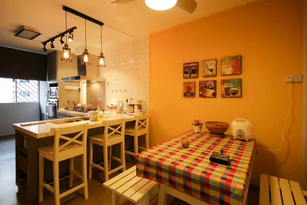 Ang Mo Kio, Fifth Avenue Interior, Retro, Dining Room, HDB, Pendant Light, Hanging Lights, Track Lighting, High Chair, White Benches, Tables And Benches, Warm Lighting, Orange Wall, Brick Wall Design, Home Decor, Linen, Tablecloth, Dining Table, Furniture, Table, Indoors, Interior Design, Room, Chair
