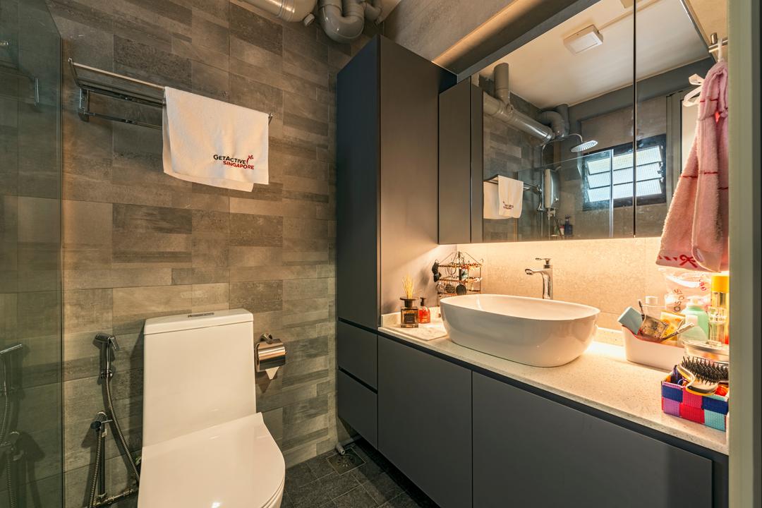 Lompang Road (Block 177), Boonsiew D'sign, Contemporary, Bathroom, HDB, Modern Contemporary Bathroom, Wooden Wall, White Sink Countertop, Protruding Sink, Hidden Interior Lighting, Indoors, Interior Design, Room, Building, Housing