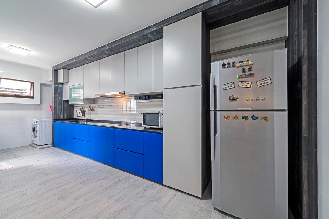 Lompang Road (Block 177), Boonsiew D'sign, Contemporary, Kitchen, HDB, Modern Contemporary Kitchen, Wooden Floor, Ceiling Lights, Blue Kitchen Cabinet, Blue Kitchen Cupboard, White Kitchen Cabinet, White Kitchen Cupboard, Black Laminated Top, Appliance, Electrical Device, Fridge, Refrigerator, Flooring