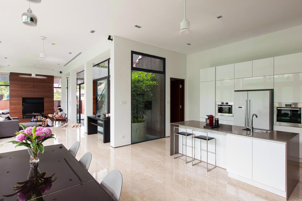 Contemporary, Landed, Jalan Remis, Architect, Aamer Architects, Hanging Lights, White Marble Floor, White Cabinet, Tinted Dining Table, White Theme Kitchen, Flooring, Indoors, Interior Design, Flora, Jar, Plant, Potted Plant, Pottery, Vase