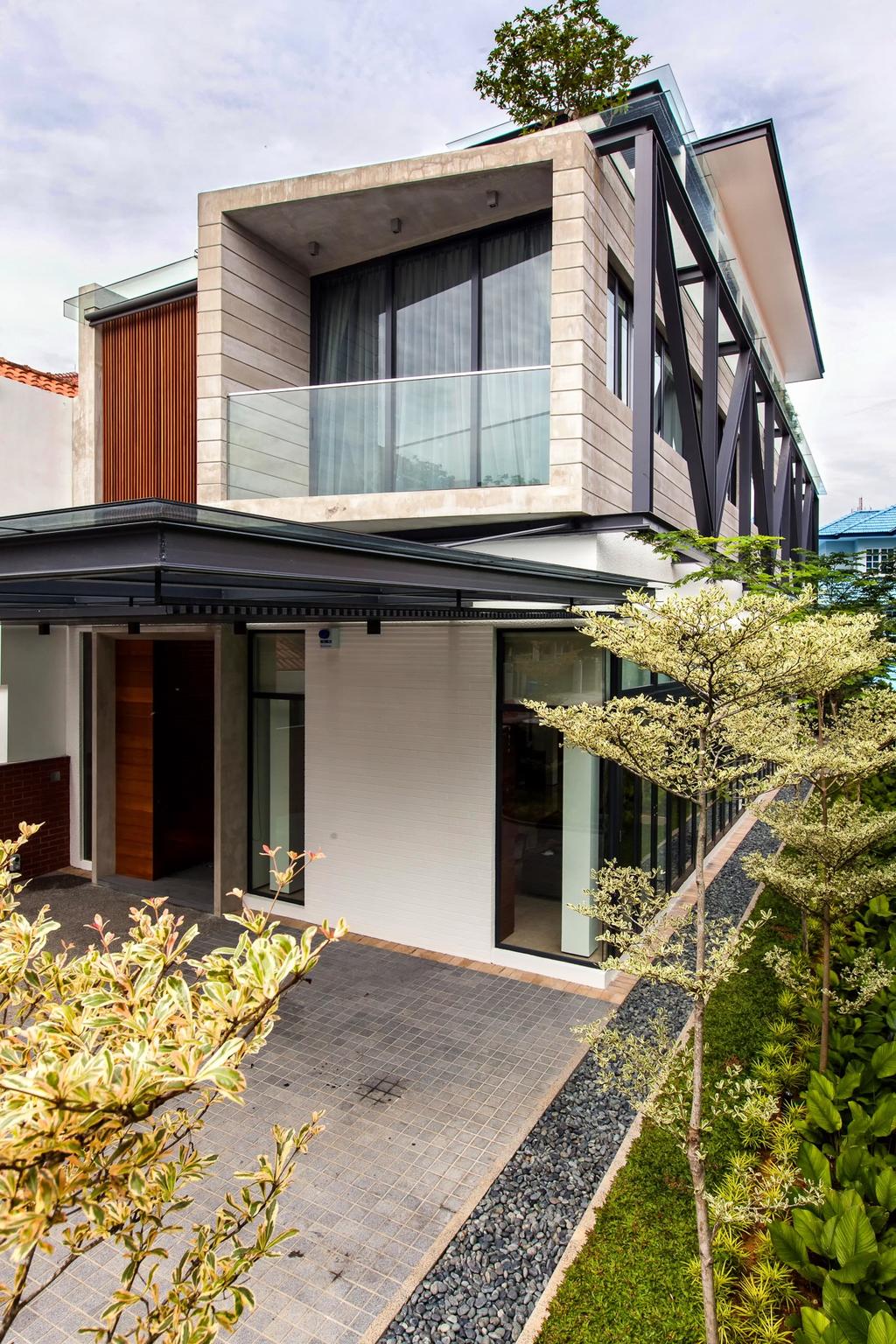 Contemporary, Landed, Jalan Remis, Architect, Aamer Architects, Shelter, Glass Barricade, Square Balcony, Plants, Pebble Trail, Porch