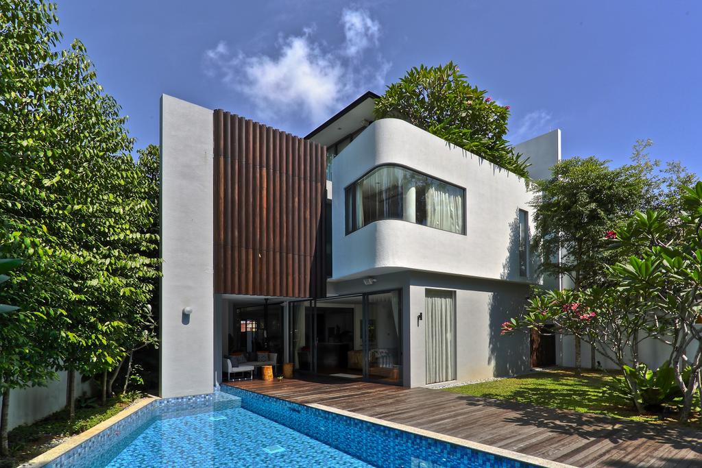 Contemporary, Landed, Paras, Architect, Aamer Architects, Private Pool, House Pool, Wooden Flooring, Plantation, Exterior View, Exterior, Building, House, Housing, Villa, Fence, Flora, Hedge, Plant, Porch