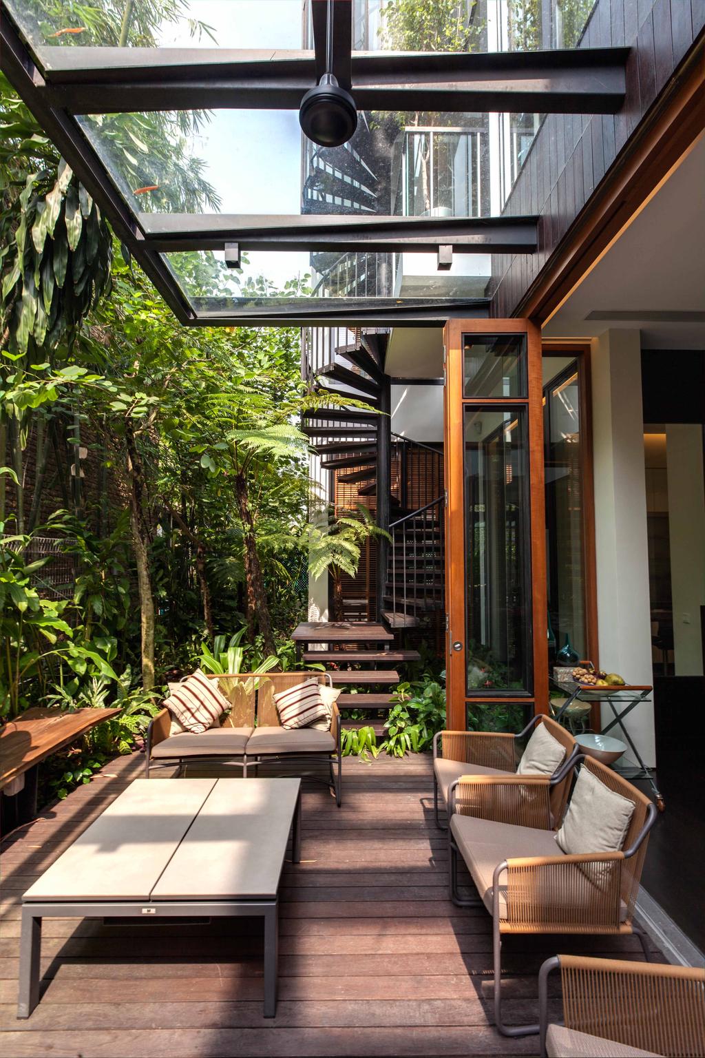 Contemporary, Landed, Merryn, Architect, Aamer Architects, Glass Shelter, Wood Theme, Plantation, Outdoor Seats, Tables And Chairs, Cushioned Chair, Cushions, Twisted Stairway, Molding, Flora, Forest, Land, Nature, Outdoors, Plant, Rainforest, Tree, Vegetation, Balcony, Appliance, Electrical Device, Oven