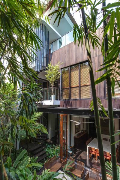 Merryn, Aamer Architects, Contemporary, Landed, Glass Barricade, Trees, Plantation, Wooden Design, Blinds, Arecaceae, Flora, Palm Tree, Plant, Tree, Jar, Potted Plant, Pottery, Vase, Building, House, Housing, Villa, Balcony