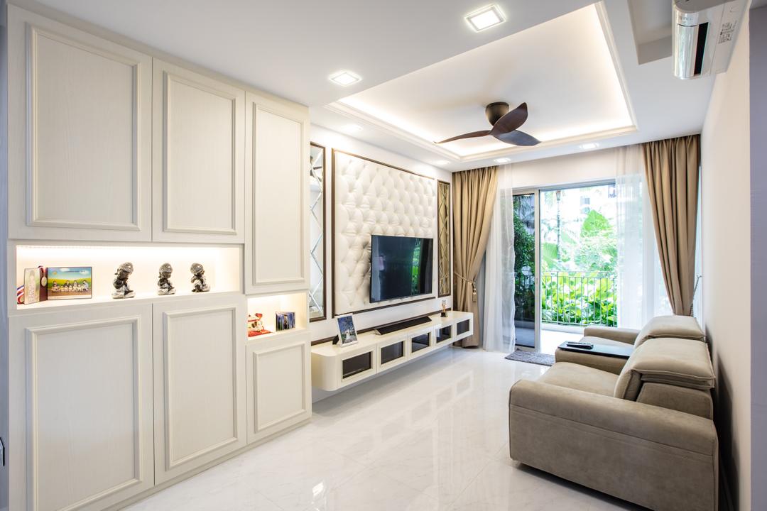 CityLife, Sky Creation Asia, Modern, Vintage, Living Room, Condo, Modern Contemporary Living Room, Built In Shelve, Ceiling Fan, Coffered Ceiling, Recessed Lights, Hidden Interior Lighting, Sling Curtain, Armseat, Floating Television Console, Marble Floor, Indoors, Interior Design, Window, Room
