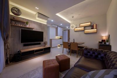 Forestville, ProjectGuru, Living Room, HDB, Contemporary Living Room, Rug, Loveseat, Wall Mounted Television, Wooden Television Console, Recessed Lights, Hidden Interior Lights, Wall Mounted Wooden Shelves, Couch, Furniture, Dining Table, Table, Ottoman, Indoors, Interior Design, Room