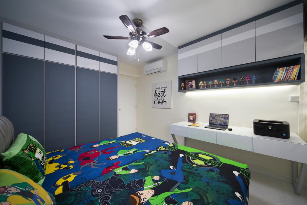 Modern, HDB, Study, Bedok, Interior Designer, Space Concepts Design, Modern Contemporary Study Room, King Size Bed, Cozy, Cosy, White Study Desk, Wall Mounted Cabinet, Built In Shelf, Bedroom, Indoors, Interior Design, Room, Bed, Furniture, Cd Player, Electronics