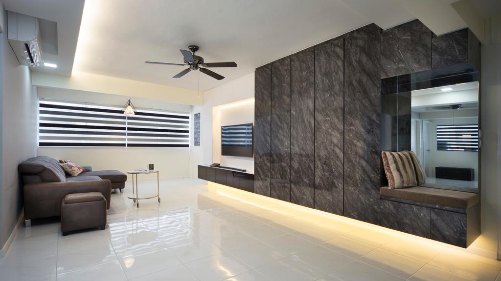 Modern, HDB, Living Room, Bedok, Interior Designer, Space Concepts Design, Contemporary Living Room, White Marble Floor, Hidden Interior Lights, Wall Mounted Television, Floating Television Console, Mini Ceiling Fan, Roll Up Down Curtain, Couch, Furniture