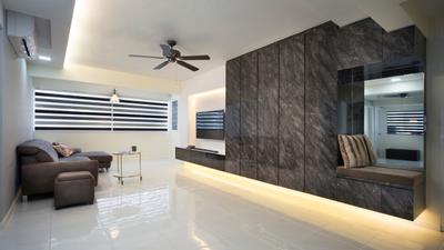 Bedok, Space Concepts Design, Modern, Living Room, HDB, Contemporary Living Room, White Marble Floor, Hidden Interior Lights, Wall Mounted Television, Floating Television Console, Mini Ceiling Fan, Roll Up Down Curtain, Couch, Furniture