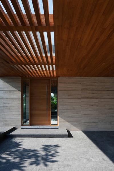 Serangoon (Travertine Dream House), Wallflower Architecture + Design, Minimalist, Landed, Concrete Floor, Wood Ceiling, Grey Flooring, Wood Door, Ceiling Beam, Porch, Wood