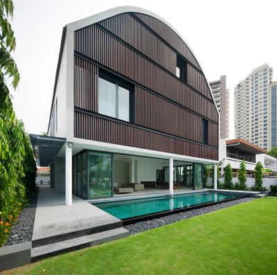 East Coast (Wind Vault House), Wallflower Architecture + Design, , , Exterior View, Wooden Walls, Indoor Pool, House Pool, Small Pool, Private Pool, Grass Patch, Pebble Trail, Steps, Building, House, Housing, Villa, Office Building