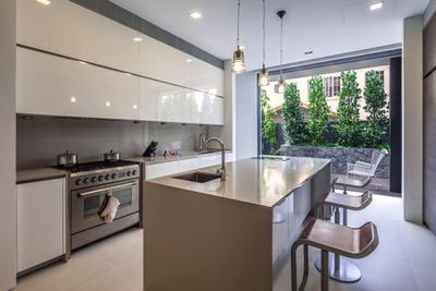 Bukit Timah (Far Sight House), Wallflower Architecture + Design, Modern, Kitchen, Landed, Hanging Bulbs, Hanging Light, Kitchen Table, Kitchen Chairs, White Cabinet, Recessed Light, Sink, Dining Table, Furniture, Table, Indoors, Interior Design, Room, Chair