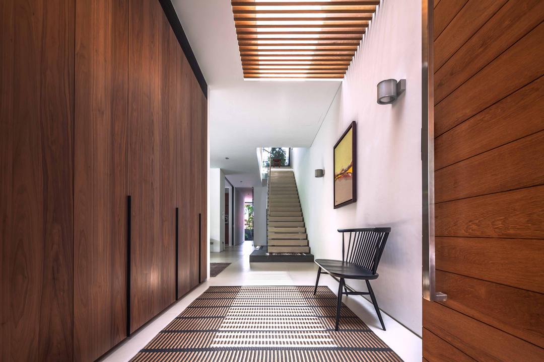 Bukit Timah (Far Sight House), Wallflower Architecture + Design, Modern, Landed, Wooden Wall, False Ceiling, Wall Lights, Chair, Furniture, Banister, Handrail, Staircase, Corridor
