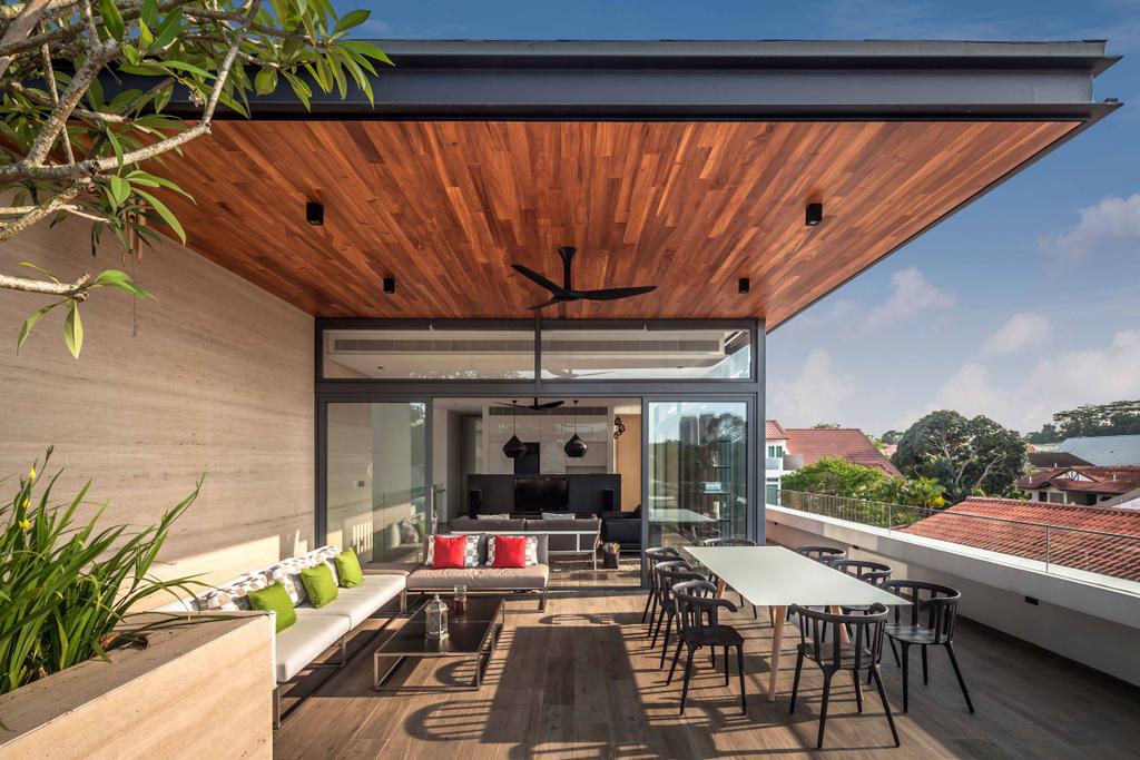 Modern, Landed, Balcony, Bukit Timah (Far Sight House), Architect, Wallflower Architecture + Design, Wood Ceiling, Mini Ceiling Fan, Outdoor Lounge, Dining Table, Dining Chairs, Sofa, Wooden Wall, Furniture, Table, Chair, Coffee Table, Patio
