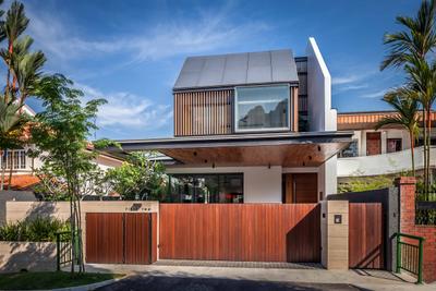 Bukit Timah (Far Sight House), Wallflower Architecture + Design, Modern, Landed, Exterior View, Building Shelter, Brown Gate Doors, Gate Doors, Brown Gates, Arecaceae, Flora, Palm Tree, Plant, Tree, Shipping Container, Building, House, Housing, Villa, Fence