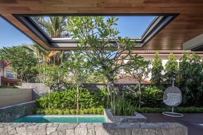 Bukit Timah (Far Sight House), Wallflower Architecture + Design, Modern, Landed, Wood Ceiling, Planted Trees, Trees, Outdoor Chairs, Outdoor Egg Chair, Egg Chair, Concrete Barricade, Pond, Small Pon, Flora, Jar, Plant, Potted Plant, Pottery, Vase, Building, House, Housing, Villa