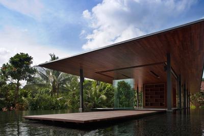 Bukit Timah (Water-Cooled House), Wallflower Architecture + Design, Contemporary, Landed, Water Platform, Trees, Wooden Platform, Wooden Overhead, Overhead Shelter, Wooden Shelter, Wooden Overhead Shelter, Flora, Jar, Plant, Potted Plant, Pottery, Vase