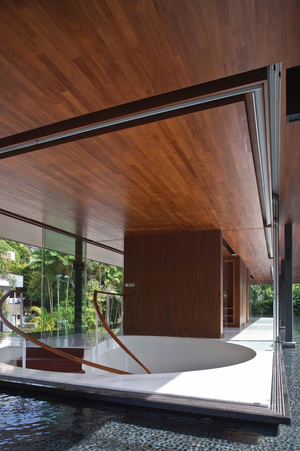 Contemporary, Landed, Bukit Timah (Water-Cooled House), Architect, Wallflower Architecture + Design, Wooden Ceiling, Water Surrounded Platform, Floating Platform, Wooden Partitions, Stairway, Hardwood, Wood