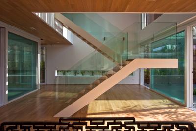 East Coast (Enclosed Open House), Wallflower Architecture + Design, Contemporary, Landed, Wooden Flooring, Glass Stair Railing, Stair Railing, Glass Railing, Wood Ceiling, Warm Wood