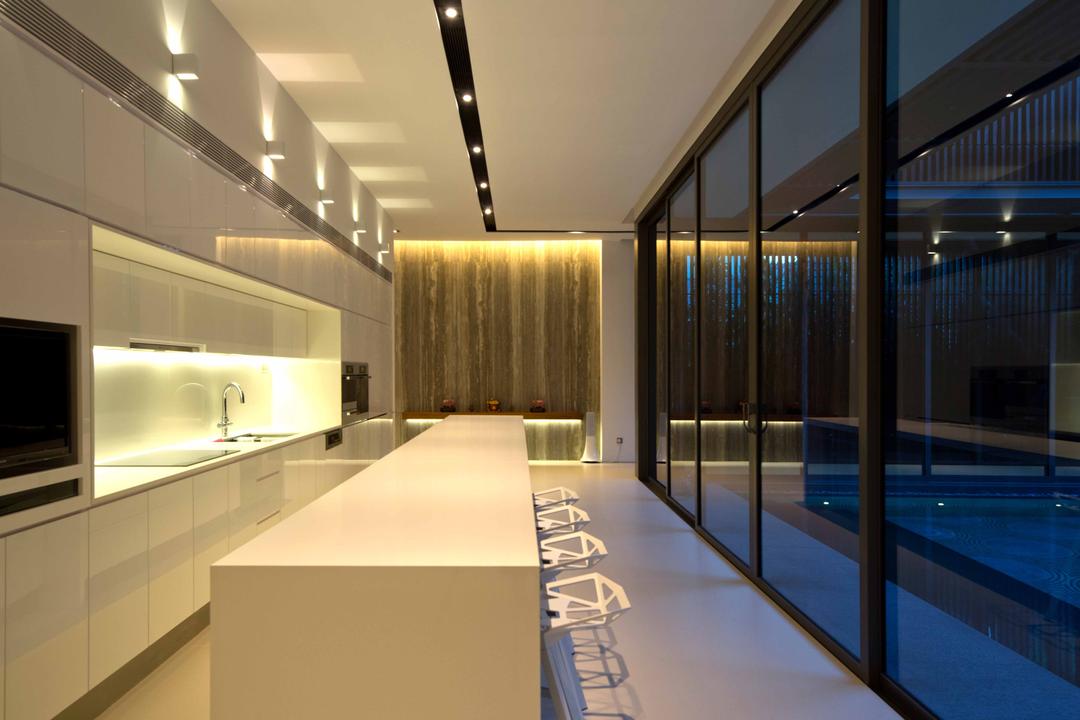 East Coast Parkway (Centennial Tree House), Wallflower Architecture + Design, Modern, Landed, Ceiling Lights, Concealed Lights, White Floor, Black Frame Glass Doors, Black Frame Doors, White Cabinet, White Dining Table, White Chair, Pool, Water, Corridor