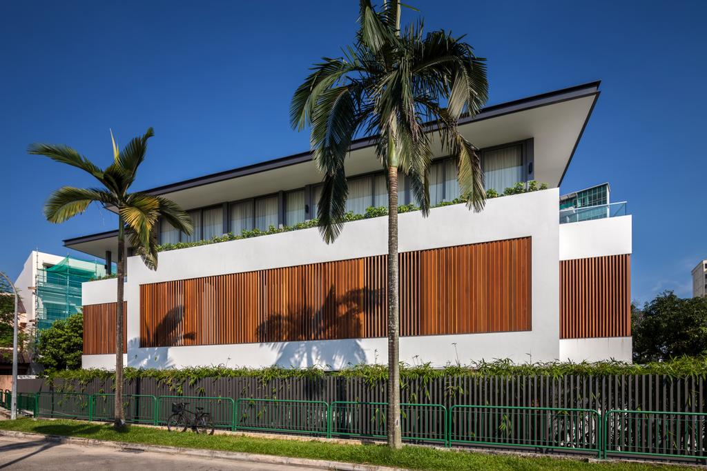 Modern, Landed, Serangoon (Sunny Side House), Architect, Wallflower Architecture + Design, Trees, Exterior, White Brown Walls, Wooden Patterned Walls, Building, House, Housing, Villa, Arecaceae, Flora, Palm Tree, Plant, Tree, Shipping Container